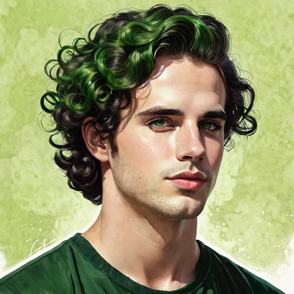 Semi realistic illustration portrait of young man, very handsome white, with a manly chin and a cleft jaw. Thin, upturned nose like Lana del Rey, fine lips, glare. green curly hair, dark eyes. Black tunic dress.