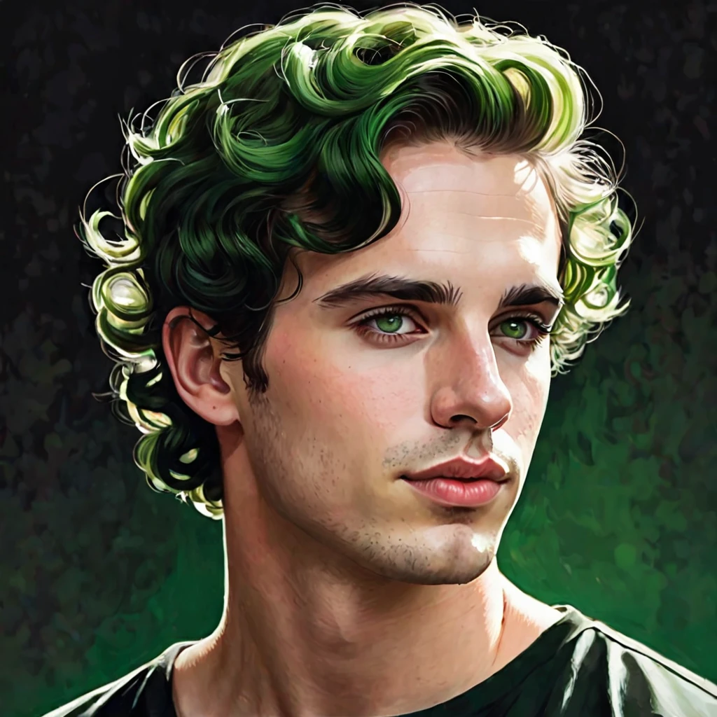 Semi realistic illustration portrait of young man, very handsome white, with a manly chin and a cleft jaw. Thin, upturned nose like Lana del Rey, fine lips, glare. green curly hair, dark eyes. Black tunic dress.
