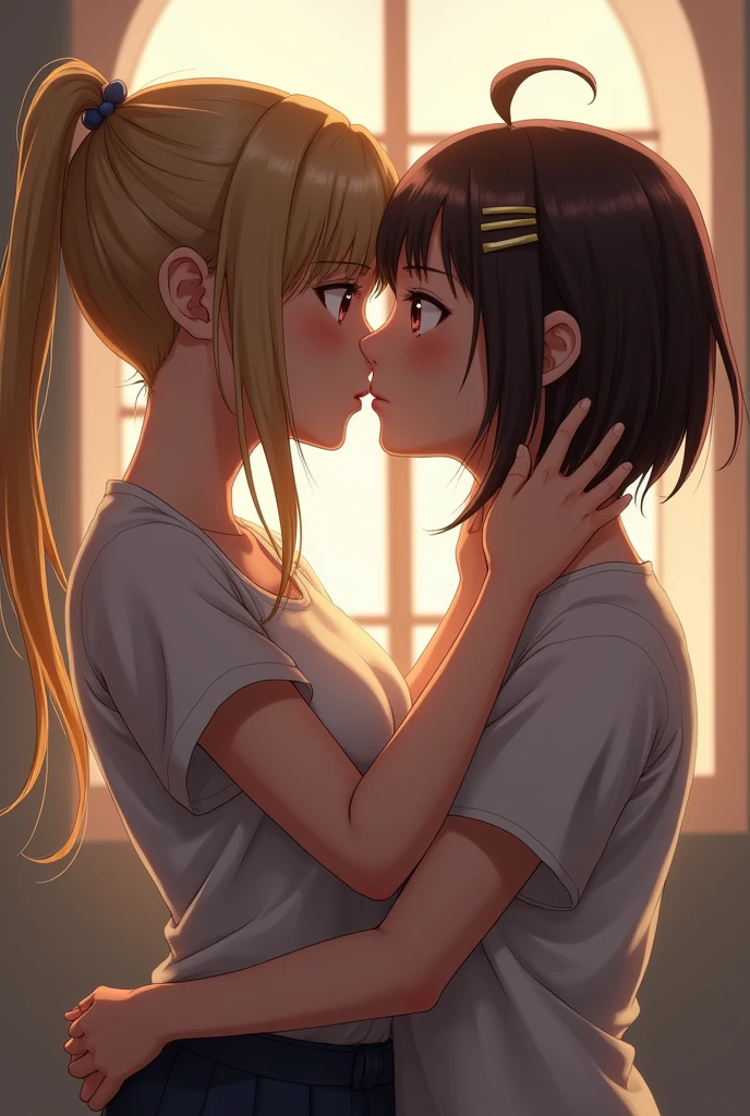 Browsing Caution、(Anatomically correct、masterpiece、Highest quality、Tabletop、Realistic skin feel、Detailed structure)、(((((Two beautiful girls, One has silver hair and white skin.、The other has blonde hair and dark skin.)))))、(((School uniform、White Shirt、Black Skirt)))、(((Lesbian、ディープkiss)))、(((Sweat、Body odor、odor)))、(((Detailed vagina)))、(((Love Juice、Squirting)))、(((Put your finger in your vagina)))、((pubic hair))、(((Lesbian play with two people、Climax)))、(((blush、tears、Feels good、Panting、Drooling)))、(((Spread your legs)))、(((Covered in bodily fluids、soaked、Sticky)))、((Gazing at each other、kiss))、Angle from below