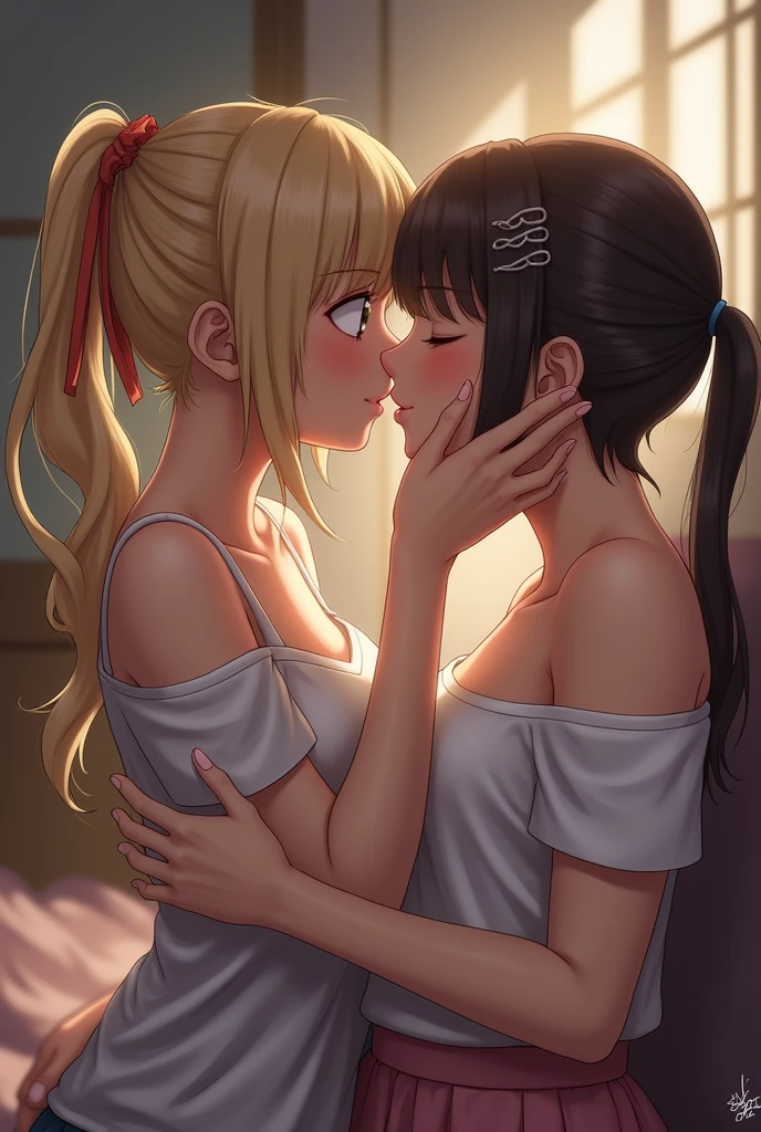 Deep kiss between a blonde Japanese girl with a ponytail and a Japanese girl with brown hair tied up in a barrette