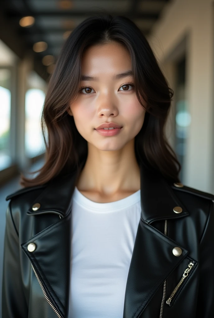 A beautiful Thai girl aged 26 years, clean face, cute, wearing a white t-shirt inside and wearing a leather jacket outside, super HD photography, sophisticated camera