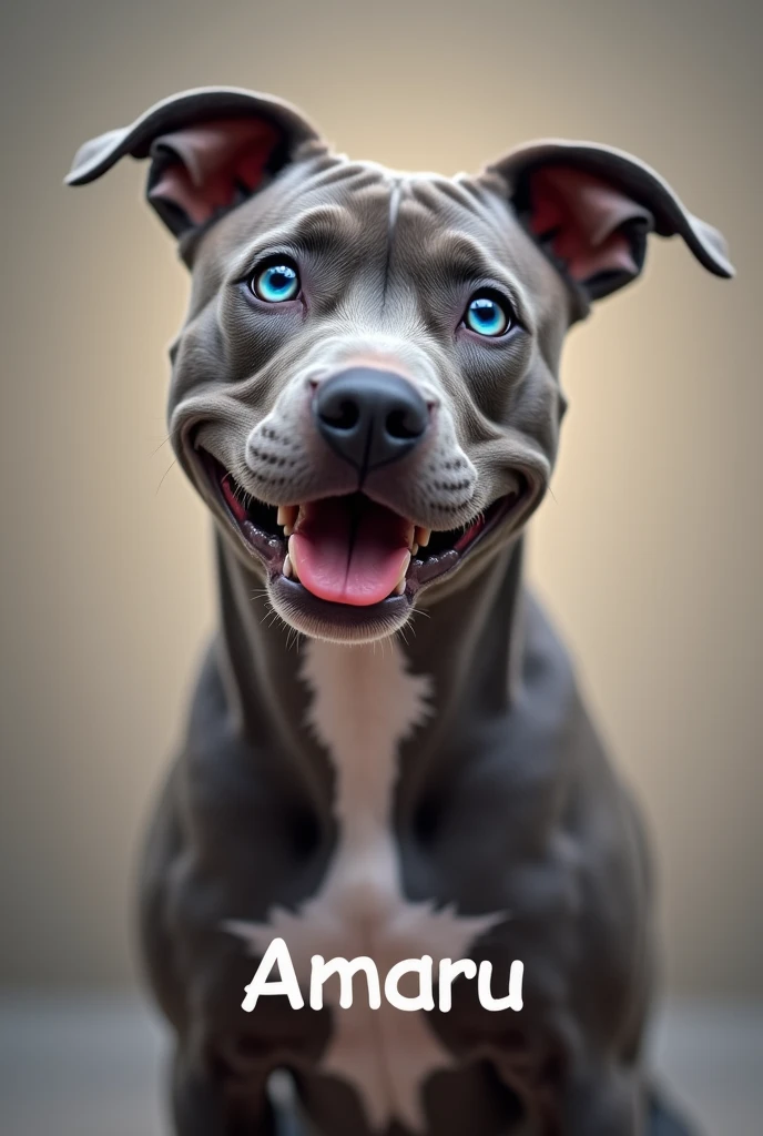 Create the image of a gray pitbull dog with blue eyes, that he looks very happy and content, and let the name of Amaru be seen