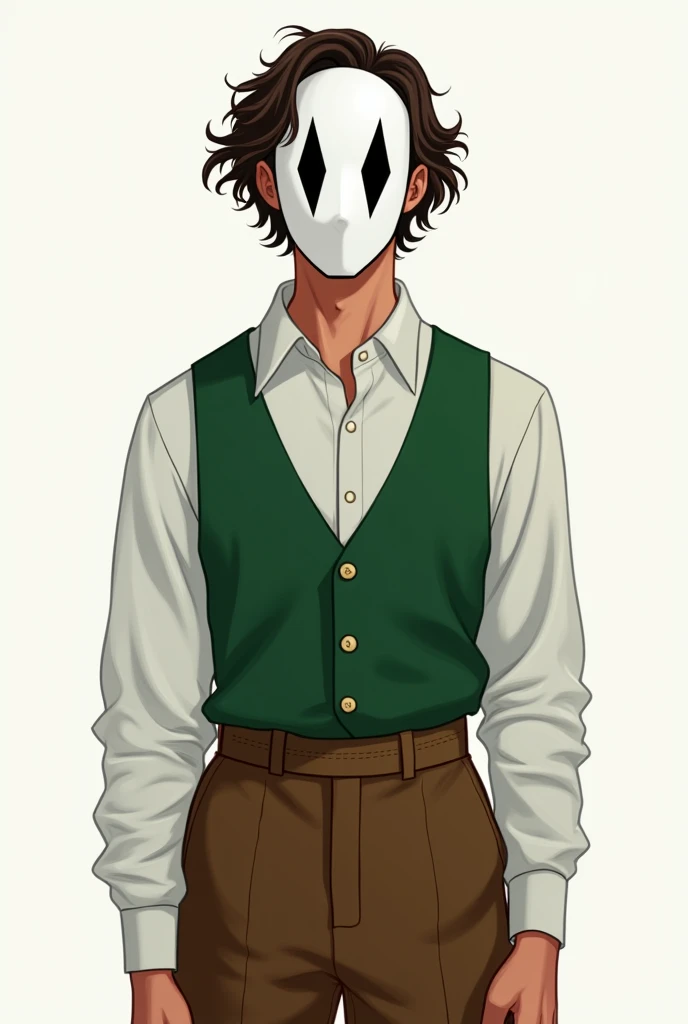 An 1 young adult guy, brown semi curly hair, tan skin, an average height, wearing a white mask that covers the whole face with two long black diamonds as eyes on it, a green button up suit tank top, a long sleeve white shirt that covers the shoulders, brown pants with small stripes on them