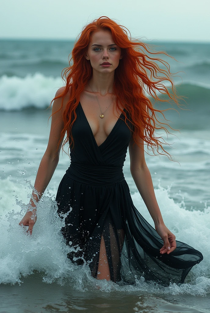 There is a woman in a black dress standing in the water, windy long red hair, royal photo shoot queen of the oceans, very long and loose red hair, coming out of the water, young red-haired girl in motion, In the sea, in shoulder-deep water, Breaking waves, coming out of the ocean, Her hair fluttering in the wind, wet skin and hair blown by the wind