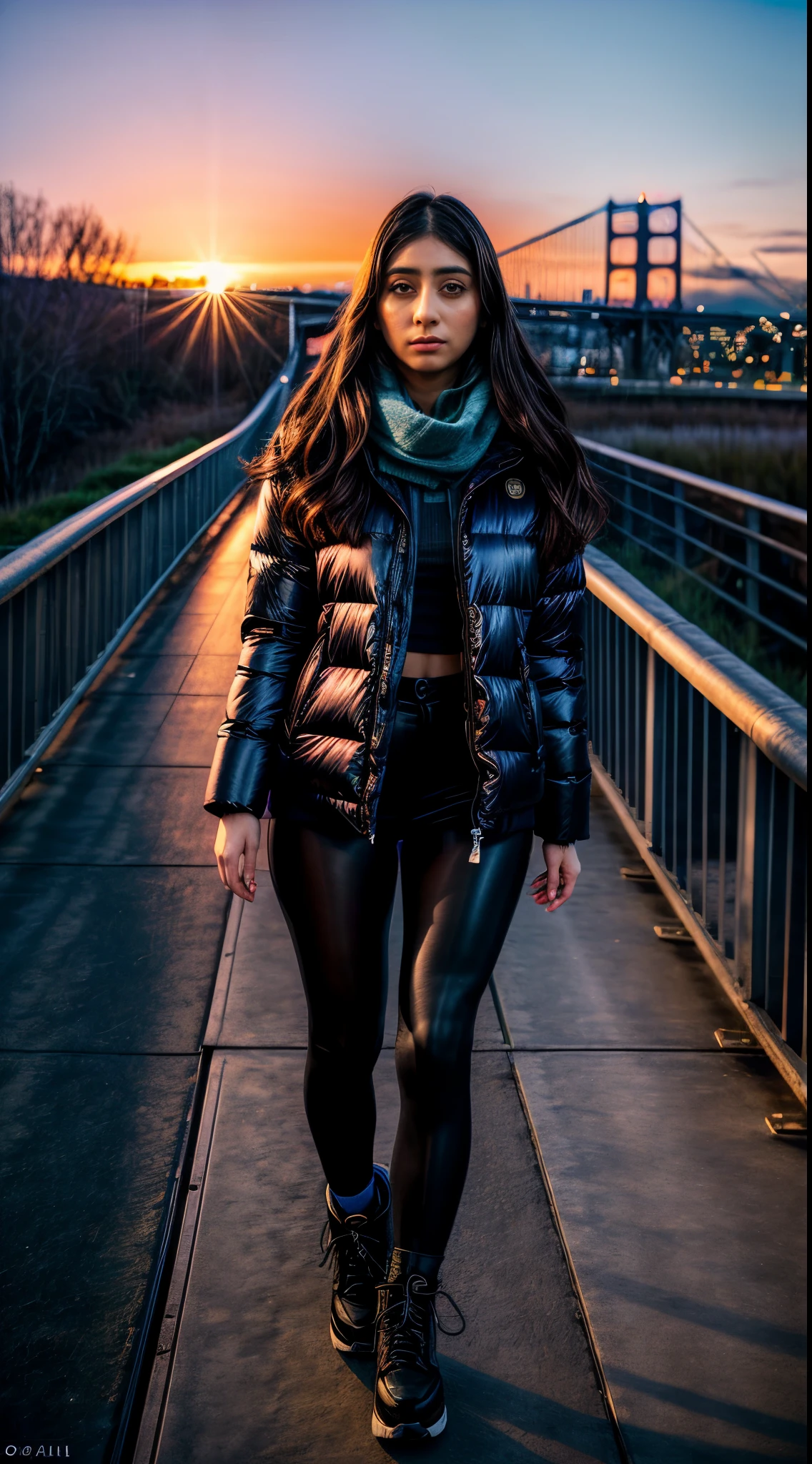 (realisitic), (Hyper-Realism), (photorealisitic:1.4), best qualityer, work of art, VioletMyers, 1 girl, gazing at viewer, make up, detailedeyes, face detailed, (trunk:1.2), wearing winter clothes, puffer branco, booties, scarf, black leggings,  walking on the bridge, sunset, Thu, (windy:1.2) 