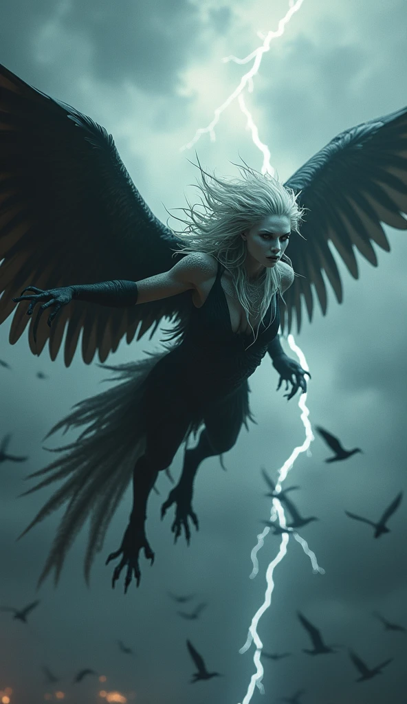 **Prompt:** Create an ultra-realistic 8K resolution image of a Harpy, a mythical creature from Greek mythology, reimagined with fierce beauty. The Harpy has a striking blend of avian and human features, with a fearsome expression that reflects her powerful nature. Her upper body is that of a beautiful woman with pale, almost ghostly skin, contrasted by her sharp, piercing eyes that gleam with predatory intensity. Her dark, feathered wings are massive, spanning out wide as she soars through a stormy sky filled with ominous clouds and lightning.
Her long, wild hair flows freely, intertwining with the dark feathers that cover her shoulders and back. The lower half of her body transitions into the form of a bird, with powerful talons ready to grasp her prey. Her legs are covered in sleek, dark feathers that match the intensity of the storm raging around her. In the background, other smaller birds circle ominously, adding to the sense of danger and ferocity. The scene captures the Harpy in mid-flight, embodying both the beauty and terror that she is known for in mythology.