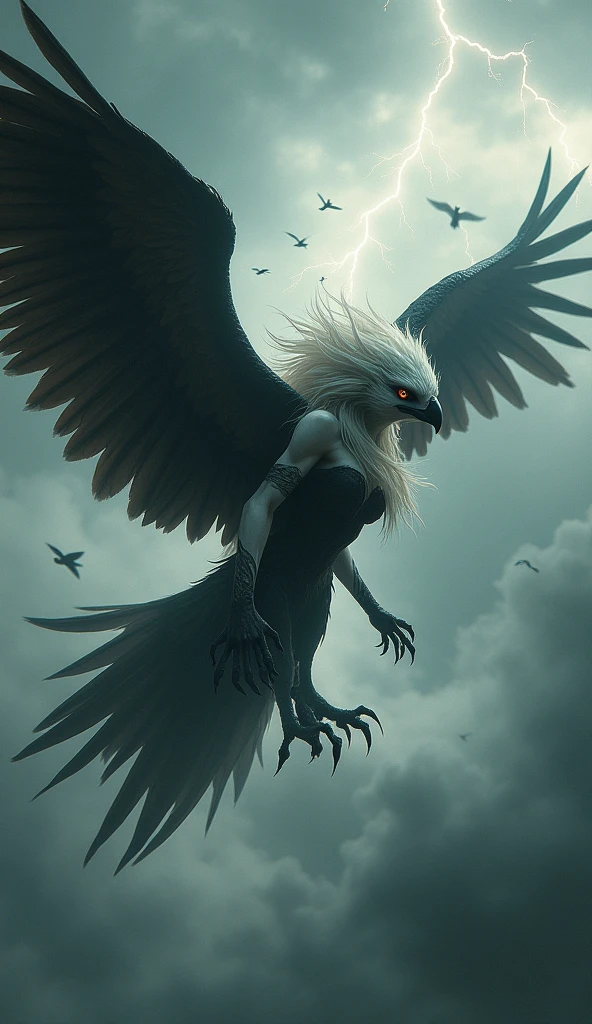 **Prompt:** Create an ultra-realistic 8K resolution image of a Harpy, a mythical creature from Greek mythology, reimagined with fierce beauty. The Harpy has a striking blend of avian and human features, with a fearsome expression that reflects her powerful nature. Her upper body is that of a beautiful woman with pale, almost ghostly skin, contrasted by her sharp, piercing eyes that gleam with predatory intensity. Her dark, feathered wings are massive, spanning out wide as she soars through a stormy sky filled with ominous clouds and lightning.
Her long, wild hair flows freely, intertwining with the dark feathers that cover her shoulders and back. The lower half of her body transitions into the form of a bird, with powerful talons ready to grasp her prey. Her legs are covered in sleek, dark feathers that match the intensity of the storm raging around her. In the background, other smaller birds circle ominously, adding to the sense of danger and ferocity. The scene captures the Harpy in mid-flight, embodying both the beauty and terror that she is known for in mythology.