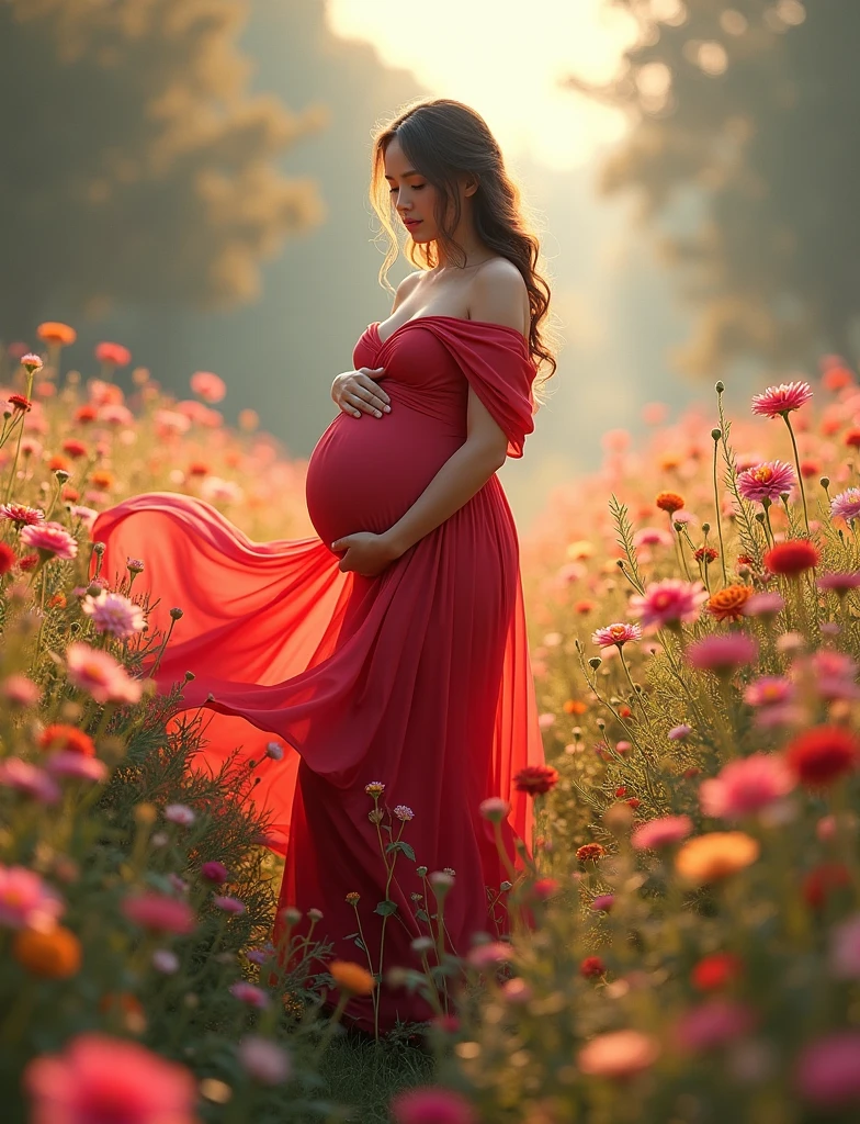 pregnant woman in a red dress standing in a field of flowers, digital art inspired by Igor Kieryluk, cgsociety contest winner, digital art, beautiful digital artwork, maternal photography 4 k, beautiful gorgeous digital art, beautiful digital art, beautiful digital illustration, gorgeous digital art, perky woman made of petals, stunning digital illustration, very beautiful digital art, a beautiful artwork illustration, indoor