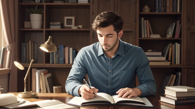 Adult man studying at a desk、Book、Note、computer、Bright room