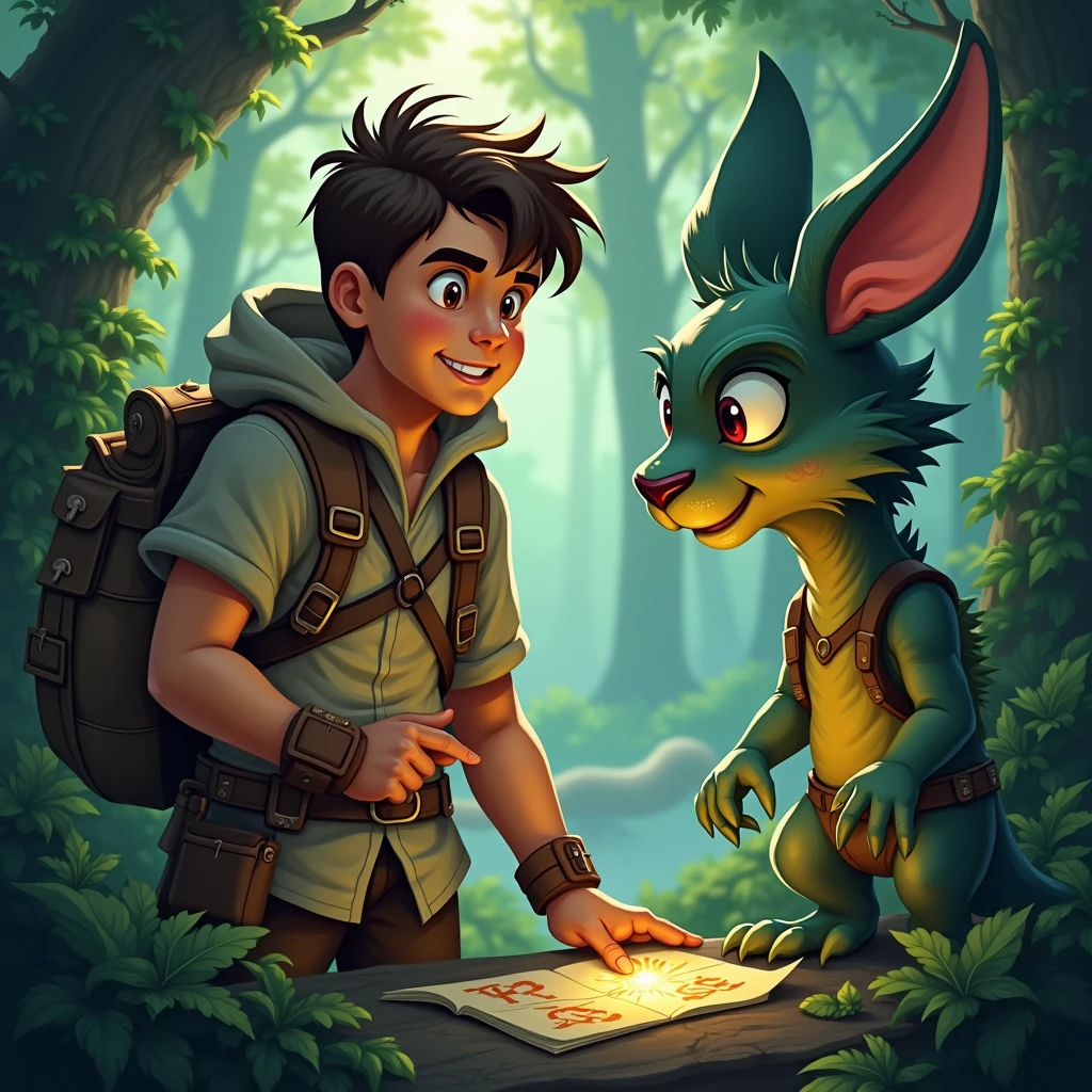 "2 Kael confidently solves the creature's riddle, his eyes shining with intelligence as he continues deeper into the forest."