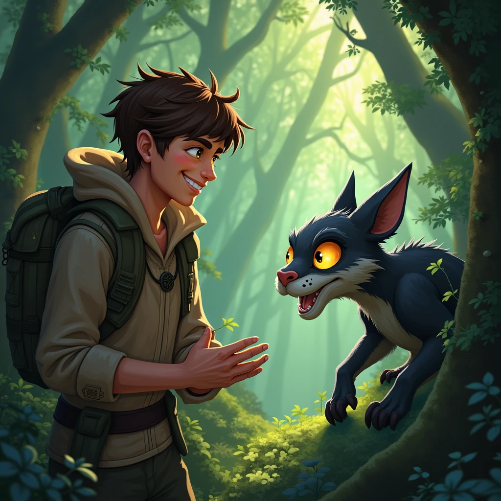 "2 Kael confidently solves the creature's riddle, his eyes shining with intelligence as he continues deeper into the forest."