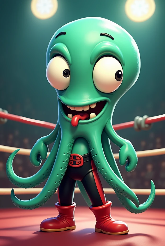 
Cartoon squid body. Cartoon squid face. Cartoon squid arms. Cartoon squid hands. Cartoon squid legs.


Green tongue. In a wrestling ring.

Black pants with red stripe. Red wrestling boots. 