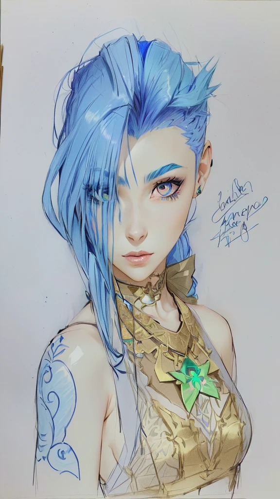 drawing of a woman with blue hair and a green scissors, full color drawing, colored drawing, high quality colored sketch, portrait of jinx from arcane, colored sketch, samira from league of legends, girl with blue hair, portrait knights of zodiac girl, colored lineart, inspired in kris from deltarrune, a color pencil sketch, color drawing, anime style character