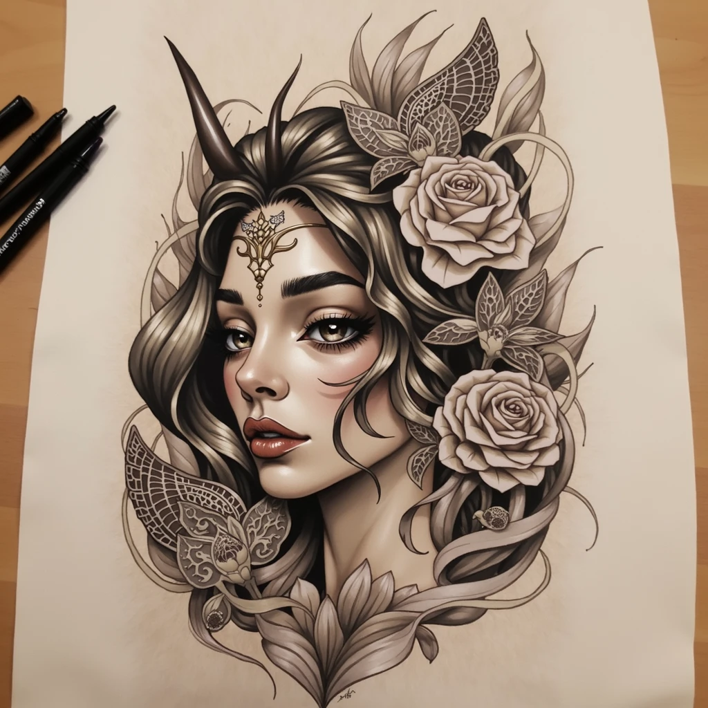 Demon Woman with Delicate Features: The head is clearly that of a woman, with soft, feminine features, such as large, expressive eyes, well-defined lips, and a delicate chin.
Simple Horns: She has two small, smooth, unadorned horns that protrude naturally from her head. These horns are discreet, with a clean, slightly backward-curving look, integrated into the design in a fluid way, without complicating the look.
Wavy Hair: The hair is designed with soft, natural waves, flowing around the head in typical Art Nouveau shapes, maintaining the organic style, but without too much detail. The lines of the hair follow the natural flow of the composition.
Neotraditional Lines: The neotraditional style would feature bold lines that define the face, horns, and hair, with simple shading to highlight the shape, but maintaining the minimalist and striking aesthetic.
Simple Colors: The palette can include subtle tones, such as a light red or gray tones for the skin and black for the horns, creating a simple and elegant contrast without overwhelming the design.