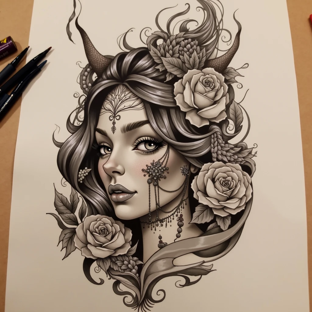 Demon Woman with Delicate Features: The head is clearly that of a woman, with soft, feminine features, such as large, expressive eyes, well-defined lips, and a delicate chin.
Simple Horns: She has two small, smooth, unadorned horns that protrude naturally from her head. These horns are discreet, with a clean, slightly backward-curving look, integrated into the design in a fluid way, without complicating the look.
Wavy Hair: The hair is designed with soft, natural waves, flowing around the head in typical Art Nouveau shapes, maintaining the organic style, but without too much detail. The lines of the hair follow the natural flow of the composition.
Neotraditional Lines: The neotraditional style would feature bold lines that define the face, horns, and hair, with simple shading to highlight the shape, but maintaining the minimalist and striking aesthetic.
Simple Colors: The palette can include subtle tones, such as a light red or gray tones for the skin and black for the horns, creating a simple and elegant contrast without overwhelming the design.