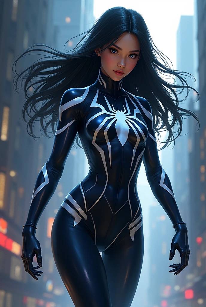 spider-woman, black suit, dangerous, beautiful eyes, violet hair, half body, masterpiece, ultra high details, dark side background