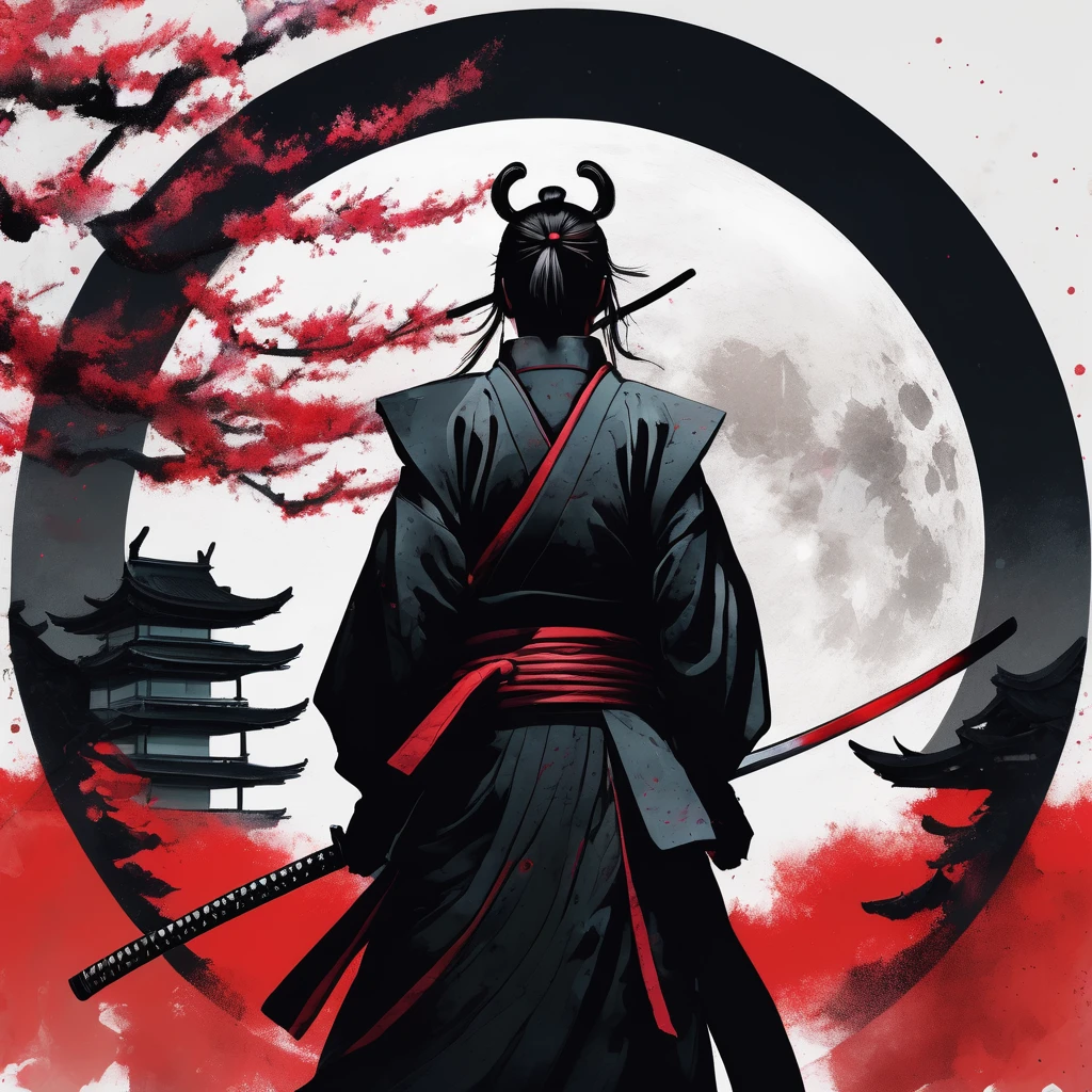 "A dramatic side profile of a lone samurai warrior in black attire, with long hair tied in a top knot. He stands against a large, pale circular background reminiscent of the moon. The warrior holds a katana, poised for action. The image is accented with vibrant splashes and sprays of red, evoking cherry blossoms and blood. Branches with red flowers frame the composition. The overall style is a blend of traditional Japanese art and modern digital painting, with a somber yet dynamic atmosphere."
