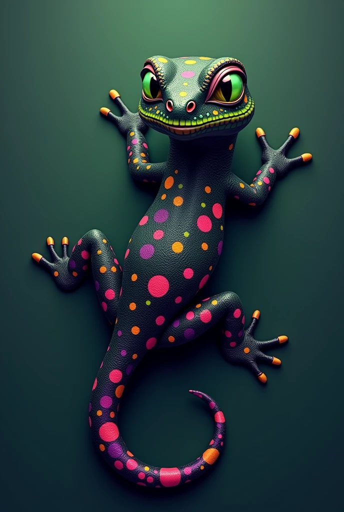 A company logo that is a lizard animal with a tropical animal appearance, black in color with some spots on the trunk of the skin in pink and yellow and green eyes and the curved cloth for application in corporate uniforms, it must be seen from above as if it were walking on the ground with all four legs facing away from the image, the animal needs to be showing the entire back of the animal towards the image with its head facing north looking into the image with its back to the observer.