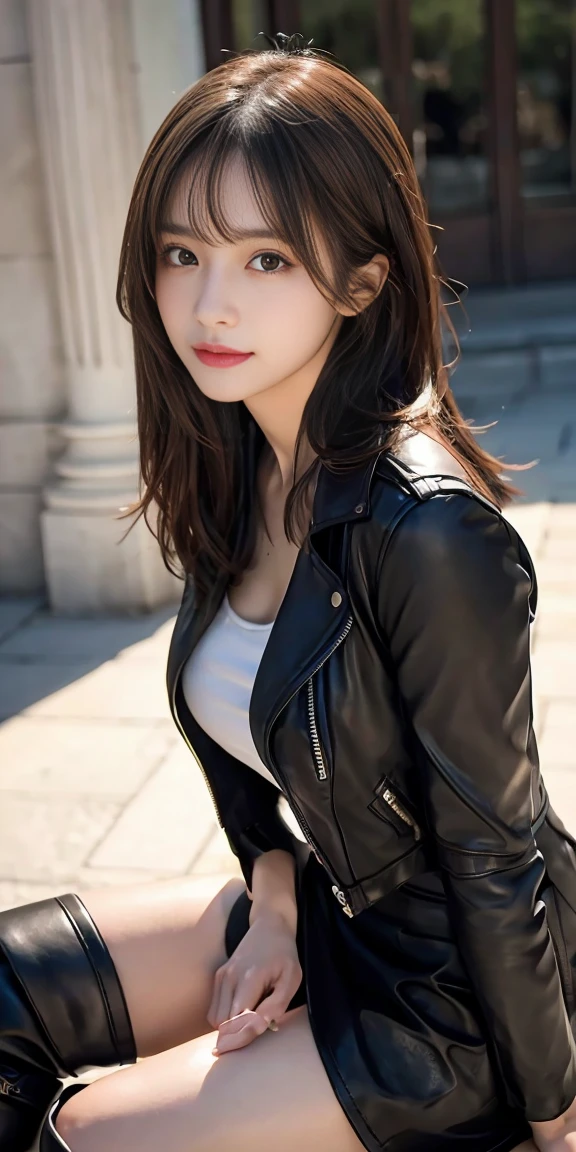 (Pictured from head to toe, Full body photo,Sitting w on one’s back, one’s knee bent,:2.3),(black riders leather Jacket,knee high boots,very high gloss,brown leather pleated mini skirt, large breasts,cleavage, open clothes,Little Devil Smile, glossy lips:1.5), nsfw, black medium straight hair, one girl, (a beauty girl, delicate girl:1.3), (:1.3), break, stained glass:1.2, break, very fine eyes, (symmetrical eyes:1.3), break, small breasts, brown eyes, parted bangs,best smile, break, (eyes and faces with detailed:1.3), break, (masterpiece, best quality, ultra detailed, detailed face, 8k)