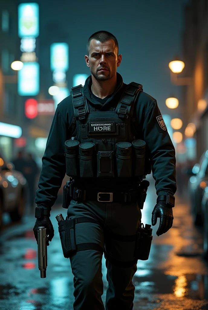 Night City Scenery, realistic style, male, 40s, Caucasian, crew cut brown hair, light police combat gear, holding silver pistol, light goatee, walking down the street towards me, stern and serious look, close up, photo-realistic, intricate details, high-quality, HD