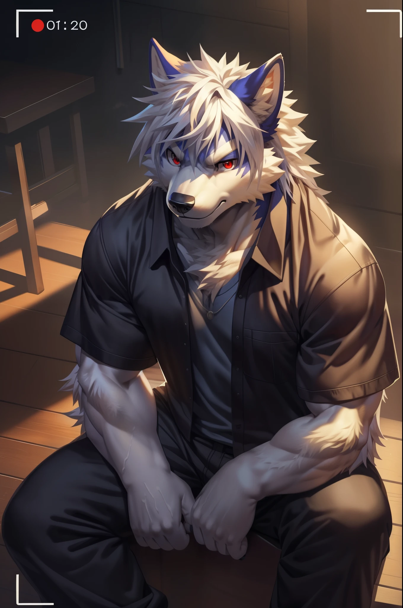 solo, anthro, furry, furry male, wolf, ((fluffy fur, fluffy, furry body)), (wolf print), lean body, slimmer frame, twink, twink body, fluffy tail, ragged clothing, red eyes, hair tuft, long hair, dirty clothing, baggy ragged clothing, baggy clothing, dark clothing, baggy ruined clothing, poor outfit, (off-white body, dirty white body, lean muscles), wolf tail, ((dirty white hair,)), (dirty white muzzle, dirty white forearms), ragged clothing, angry features, detailed fluffy fur, detailed face, detailed eyes, sitting, smaller arms, darker shadows, glowing red eye, frowning expression, (full body, round ass, fluffy ass,), (by Sollyz, by Raccoon21, by Null-Ghost masterpiece, high quality,hi res,8k hd), close-view portrait, looking at viewer, indoors, serious expression, dirty room, wooden floorboards, damaged room, orphanage room, dark dangerous room, camera view angled from above, heavy shadows, night time, moonlight, dark room, lean build, full body,