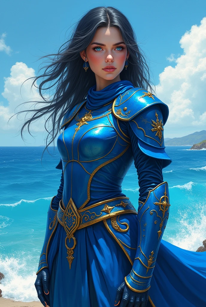 Create a 20 year old woman with black hair and blue armor who loves a blue sea 
