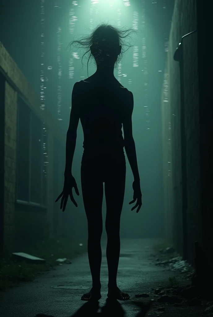 Skinny tall skinny narrow girl. Long thin legs. in tights прозрачные all over the body in a hood. naked body.On a dark night, low light at dusk, dark,на каблуках,