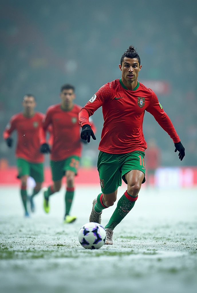 Cristiano Ronaldo lors d'un math en hiver ;portant le maillots de Portugal,dribble ces adversaires et marque un but
