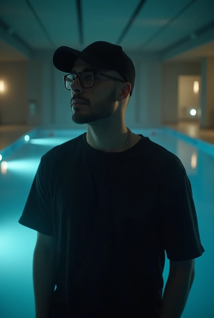 Create a YouTube video thumbnail featuring a man wearing glasses, a black cap, and a black shirt, standing in front of an indoor swimming pool. The man has a serious and contemplative expression. The background includes the pool with clear water reflecting a somber, cinematic atmosphere. The overall mood of the image is dark and muted, with soft lighting emphasizing the man's facial features. The text 'Joel Jota' should be subtly integrated into the scene, ensuring it doesn't overpower the visual focus on the man and the pool