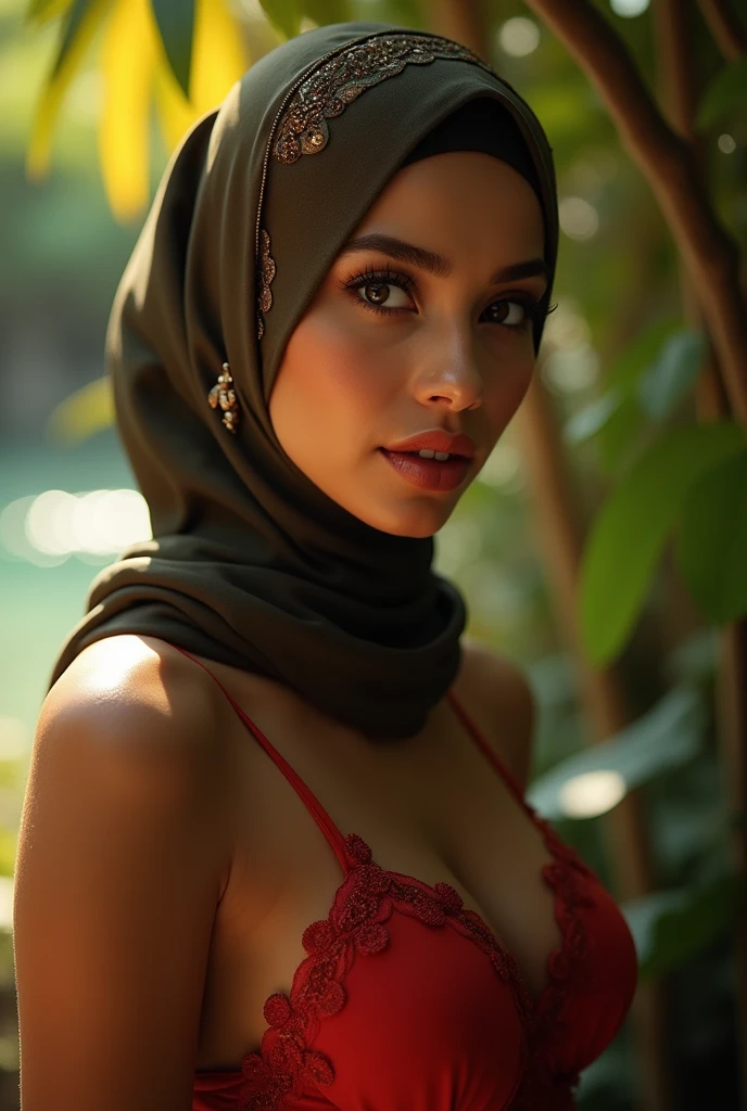a hijab-wearing woman Russia malay, beautiful detailed eyes, beautiful detailed lips, extremely detailed face and skin, Doggystyle fuck. Undress. Reverse fuck.long eyelashes, ornate hijab, serene expression, natural lighting, warm color tones, cinematic composition, highly detailed, hyper realistic, masterpiece, 8k, photorealistic. Bikini . Bras red. Nude body..