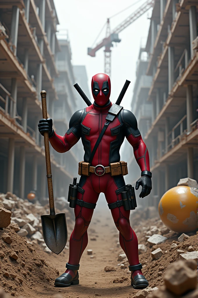Deadpool with a shovel at a construction site
