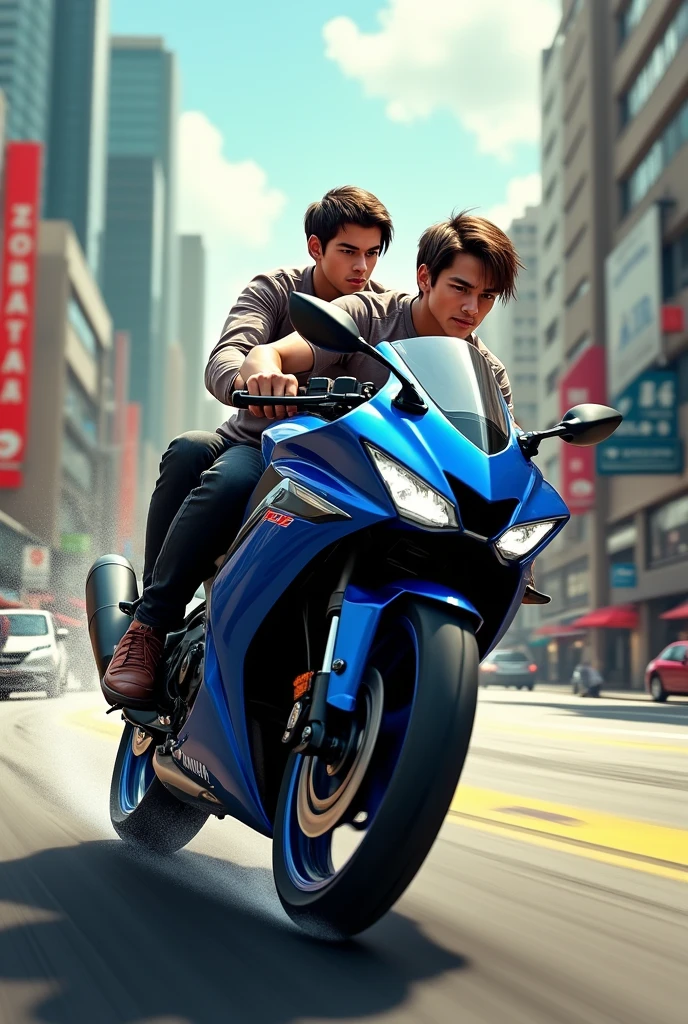 A 2 guy with straight brown hair on a Yamaha fz 
