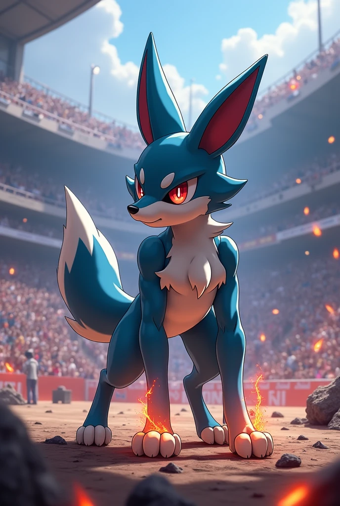 Lucario in action, determined and many fearless, in a tournament