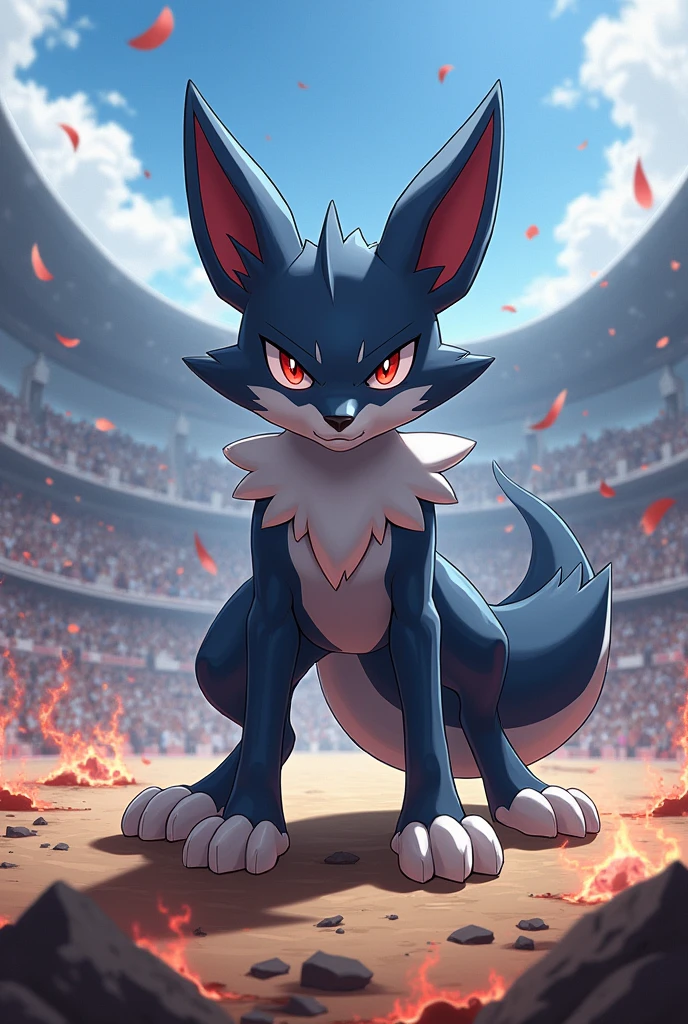 Lucario in action, determined and many fearless, in a tournament
