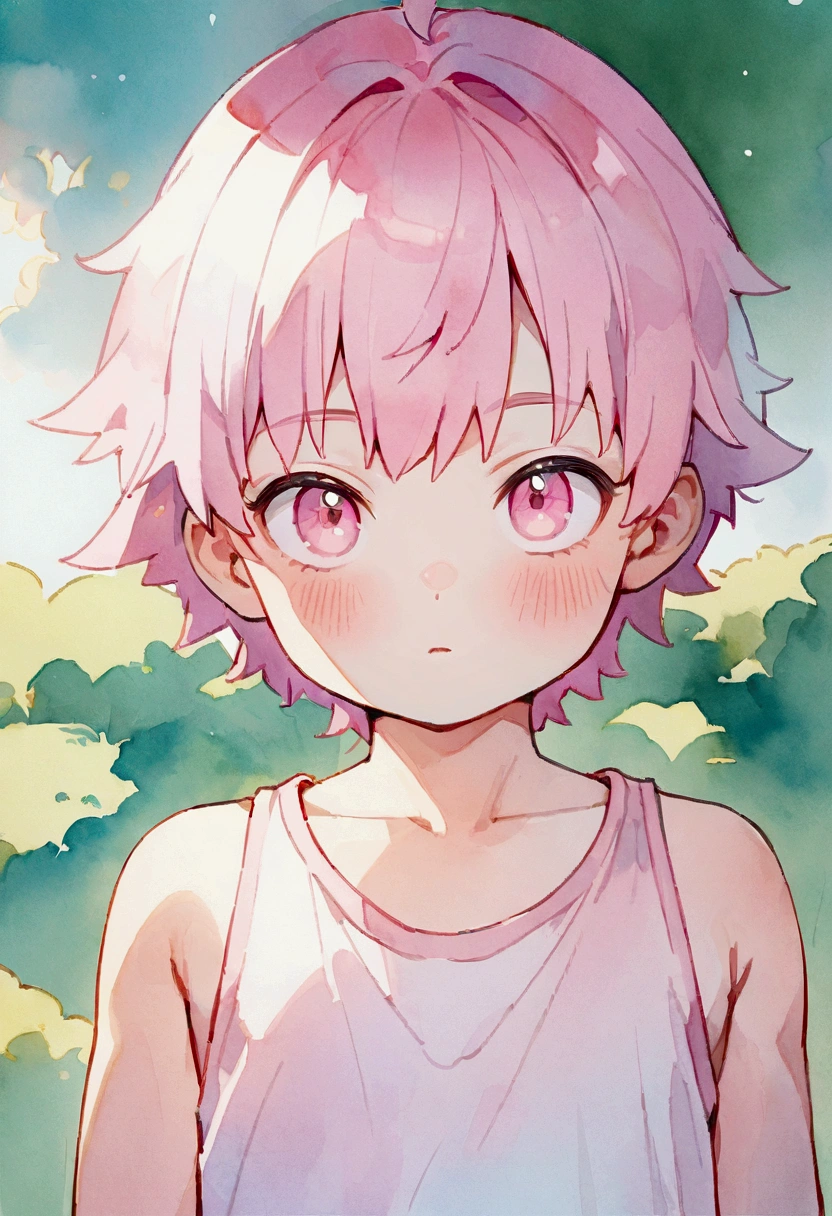 8K quality, Watercolor, ))), (((Japanese))), (((Highest quality))), High resolution, ((Detailed explanation)), Detailed garment texture, (((manga art))), masterpiece, best quality, , 1boy, child, young boy, , solo, male focus, looking at viewer, upper body, pastel pink hair, pastel pink innocent eyes, tank top, manwha style, anime style
