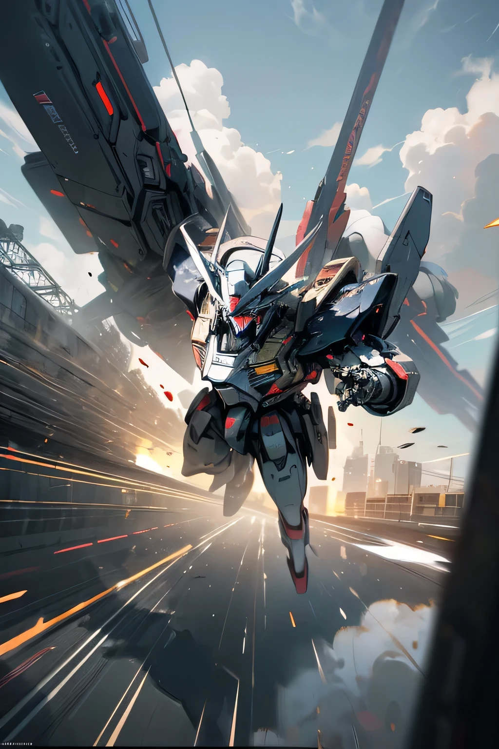 (masterpiece, best quality, 16K, absurdres:1.3), Combat robots, Jet-black robots, metallic body,(base on Gundam:1.2), (giant, stocky:1.2), (Mechanical Wings, Laser Depiction), (fighting, with a Giant guns:1.3), laser, in the city, in the afternoon, with clouds, Break (3D render, raw photo, ultra realistic photo:1.3), full body shot, from above, (Fast and furious:1.2), (detailed face), (emphasis lines, speed lines:1.2)