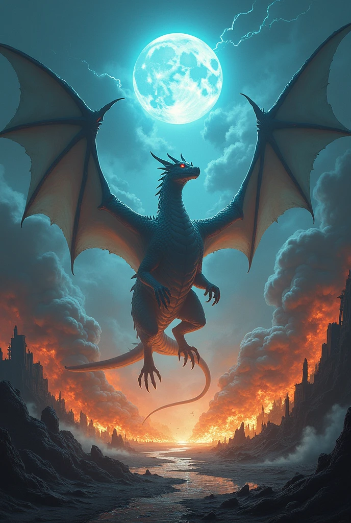 create a kingdom of destroying dragons, a world without much life and color with an energy moon in the sky and dragons throwing powers
