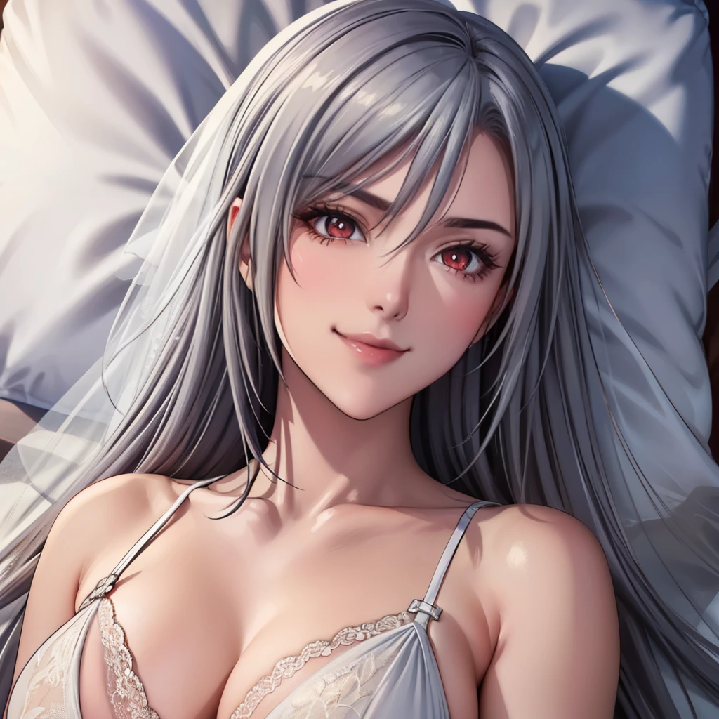 (masterpiece, best quality, beautiful and aesthetic:1.3), Elegant mature woman, 1woman, long silver hair, (small breast:1.0), red eyes with slit pupils, (wedding dress), black lingerie, (bottomless), looking at the viewer, small details, detailed face, in the dark, deep shadow, discreet key, Pure erotic face ace_V1, (lying on your back in bed), from above, bedroom, light smile