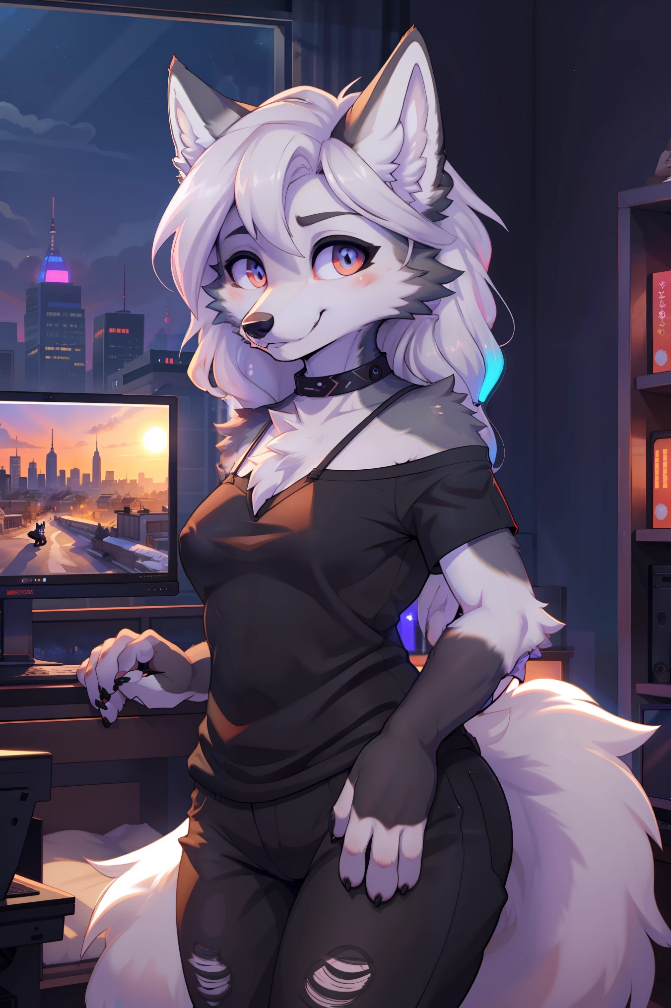 Author: subtract, Author: dead meat8, (Author: elbigslick, Author: zorroplateado5213:0.8), (por syuro:0.2), (Author: PostUV35:1.2), (anything), ((masterpiece)), ((Best Quality)), illustration, furry, ((White Wolf:1.5)), animal ears, body fur, 1 girl, Alone, white hair, looking at a spectator, smile, Of woman, ((the wolf girl)), young adult, room & city, (((evening, RGB lighting, warm colors, praise))), ((A room with computers)), Display backlight, toned body, choker, pose free, Chaqueta desabotoanything y jeans, halter neck t-shirt, expressive breasts,Tomboy clothes, ropa Of woman, PROMISE 8 bits, Fluffy anthropomorphic wolf, fluffy wolf nose, ((black fur:1.5))