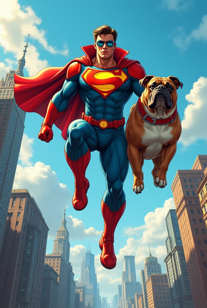 Marvel style superhero comic book cover. A is a superhero with his dog, a superhero Bulldog. Flying in a blue sky and below them both the city.