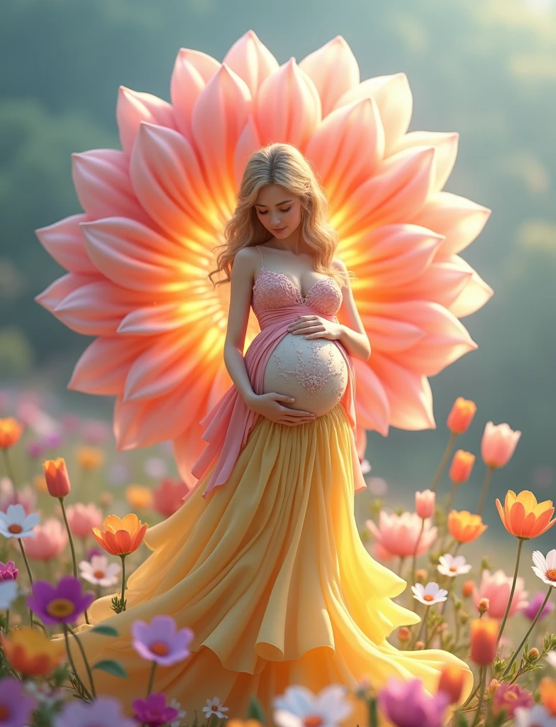 pregnant woman in a red dress standing in a field of flowers, digital art inspired by Igor Kieryluk, cgsociety contest winner, digital art, beautiful digital artwork, maternal photography 4 k, beautiful gorgeous digital art, beautiful digital art, beautiful digital illustration, gorgeous digital art, perky woman made of petals, stunning digital illustration, very beautiful digital art, a beautiful artwork illustration