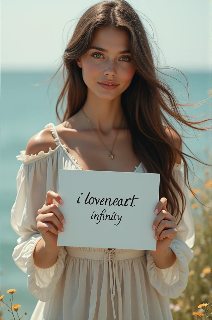 Beautiful girl with wavy long hair, bohemian dress, holding a white board with text "I Love Seaart Infinity" and showing it to the viewer