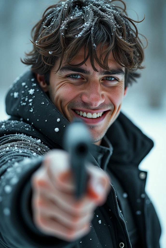 (( masterpiece ))), (((Highest quality))), ((Very detailed)), (photograph), ((Very delicate and headsome) ),high resolution, one  men, age 25, (detailedeyes), (detailed facial features), (Detailed weapons), (detailed fingers), (Leg details), (eyes visible through hair), ((drunk eyes)), (Compelling :1.2), (toothless smile),(((fuller lips))), (snow scene),(upperbody),red tailcoat, ((Dappled Light)),((film grain)), ((Single lens reflex camera)), ((35mm lens focal length) not even a bean, with a gun pointed and a smile