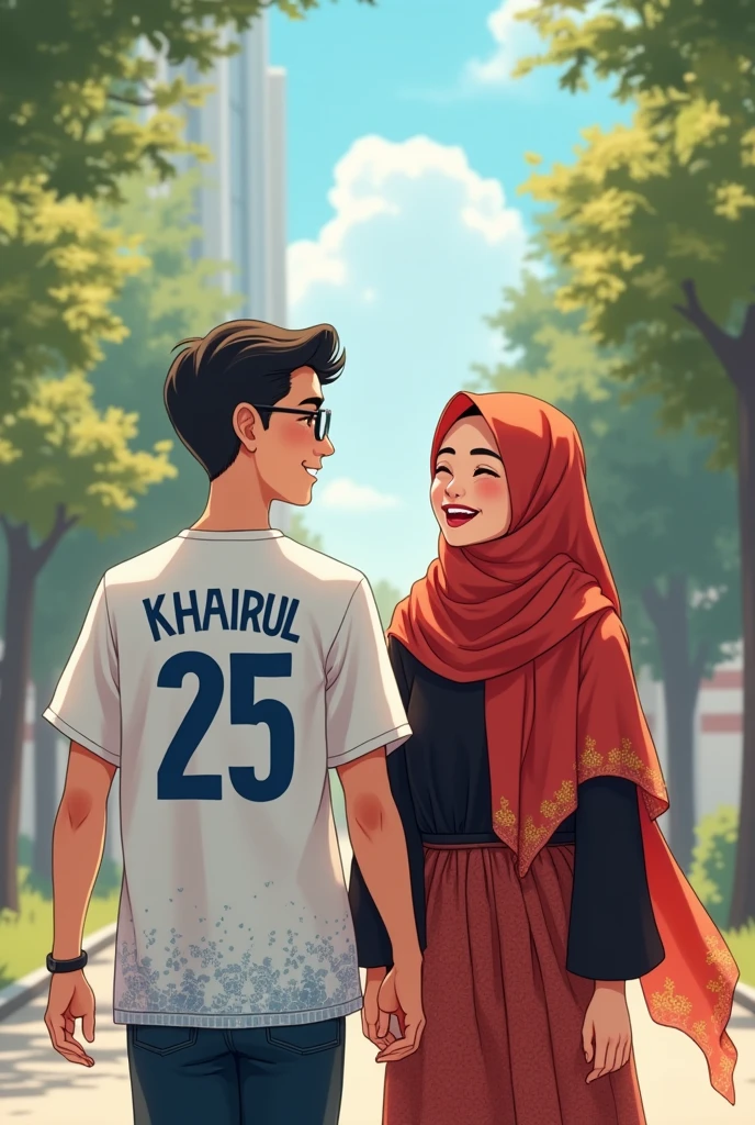 "A 20 years old male wearing glasses,have a thick lips,small eyes,height 165,wearing white shirt with short sleeves number 25 on the back and name "khairul" writen and blue pattern,bright skin,no tattoo and he look religious and HE IS WEARING GLASSES",good and he is walking with a girl height 160 cm wearing a red printed hijab,black blouse and long skirts,have a bright skin,small eyes and they laugh while walking together,the girl also have weight about 75 kg
