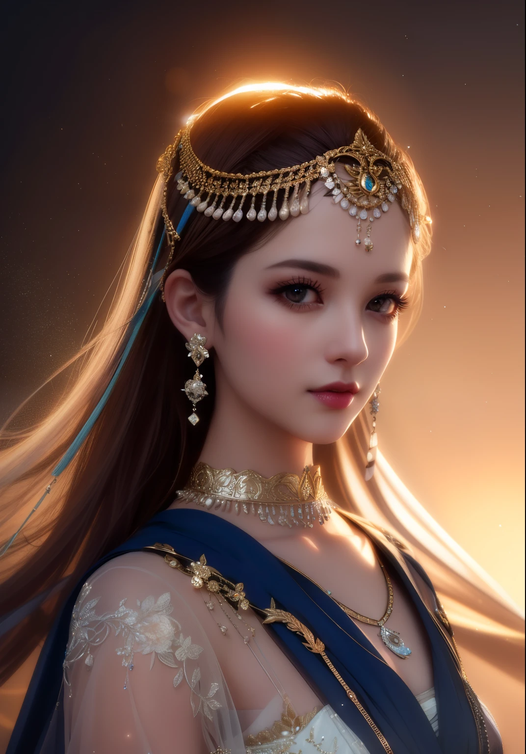 best qualityer, work of art, high resolution, 1 girl, Porcelain Dress, hair accessories, necklase, jewerly, aretes, beautiful face, beautiful face,about_cos, Tyndall effect,photorrealistic, dark studio, rim lighting, two tone lighting,(highly detailed skin:1.2), 8k uhd, dslr, soft lighting, high qualiy, volumetric lighting, candid, fot, high resolution, 4K, 8k, bokeh,