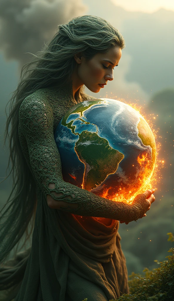 ultra realistic image of mother earth gaia embracing and smothering the burning and fire on planet earth, specifically showing Brazil