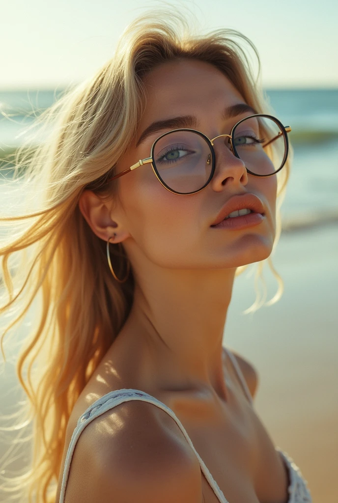 (masterpiece), (best quality), (extremely detailed), (extremely detailed face), (ultra detailed), (mix japanese:1.1), beautiful girl, 20-years-old,beautiful face, long exposure photography, pale skin, detailed skin, blush, (dynamic posing:1.1), wearing glasses, earrings, (apathetic expression:1.2), innocent, at the beach, sunlight ray, good lighting, Porta 160 color, shot on ARRI ALEXA 65, sharp focus on subject, nsfw, Fujifilm XT-3, (model body:1.1), photo_scale