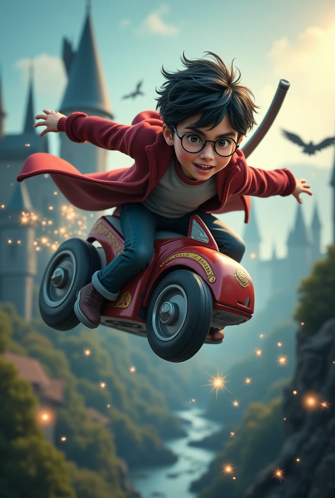 Harry Potter flying on a vacuum cleaner.