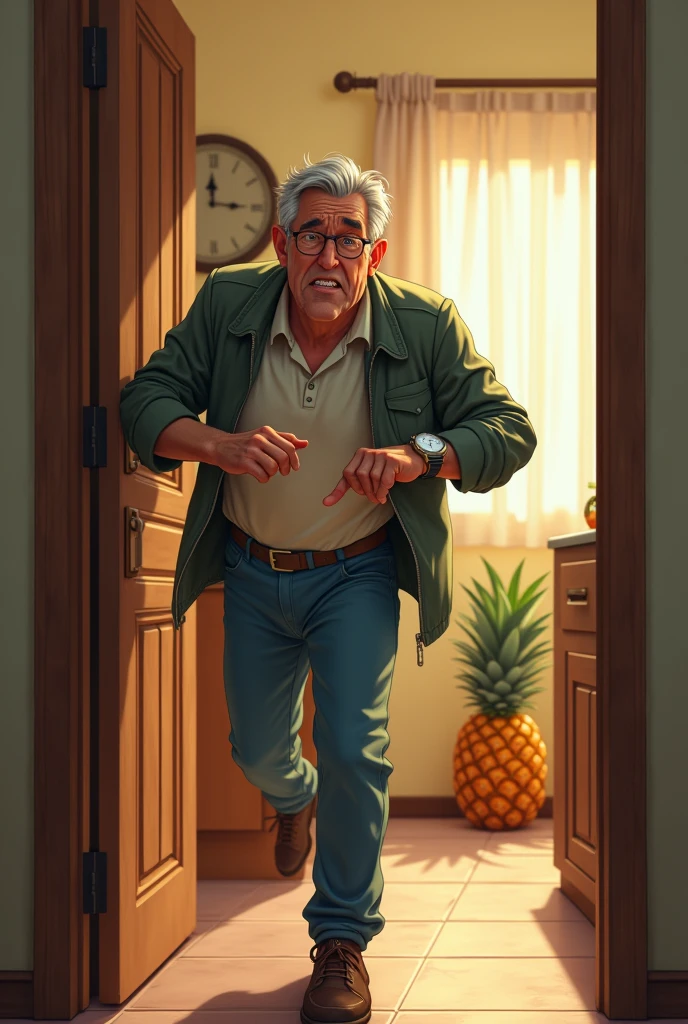 marcos leaves in a hurry, looking at his clock worried about his work, and don't eat the pineapple he paid for