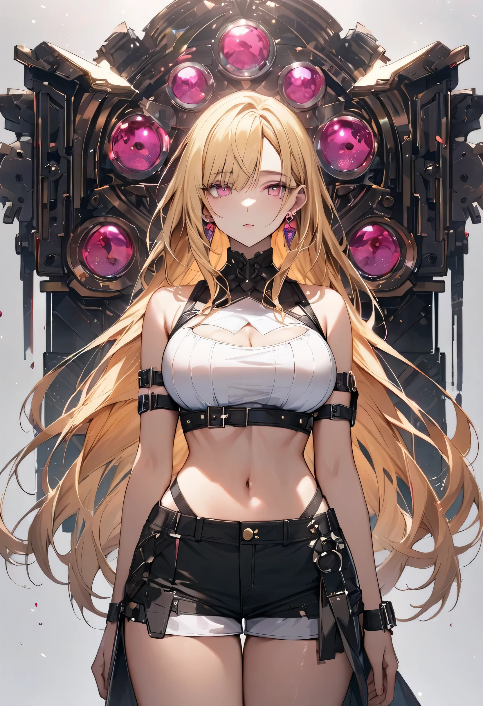 masterpiece, Highest quality, One person, alone, Adult, Blonde, Long Hair, Earrings, Pink Eyes, Detailed face, White crop top, Large Breasts, Shorts, Arm belt, In front of the viewer, Empty look,
